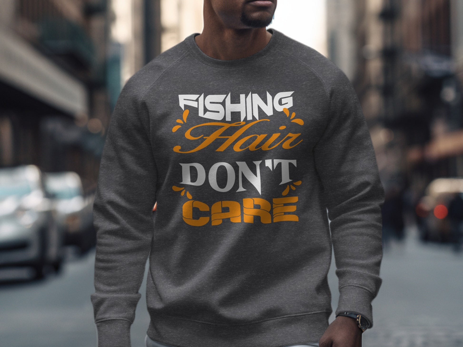 Grey crewneck sweatshirt with "FISHING HAIR DON'T CARE" text.