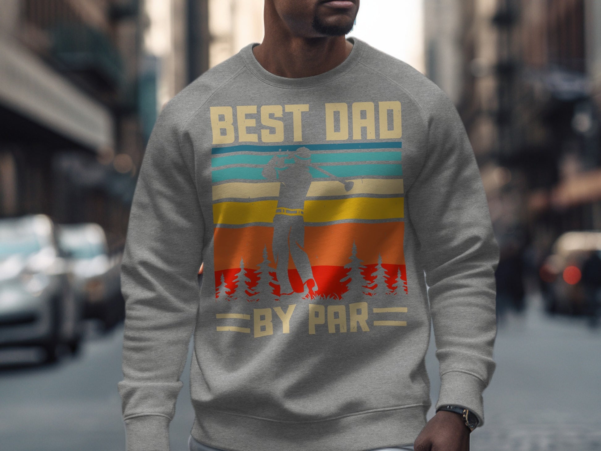 Gray sweatshirt with "Best Dad By Par" text and golfer graphic.