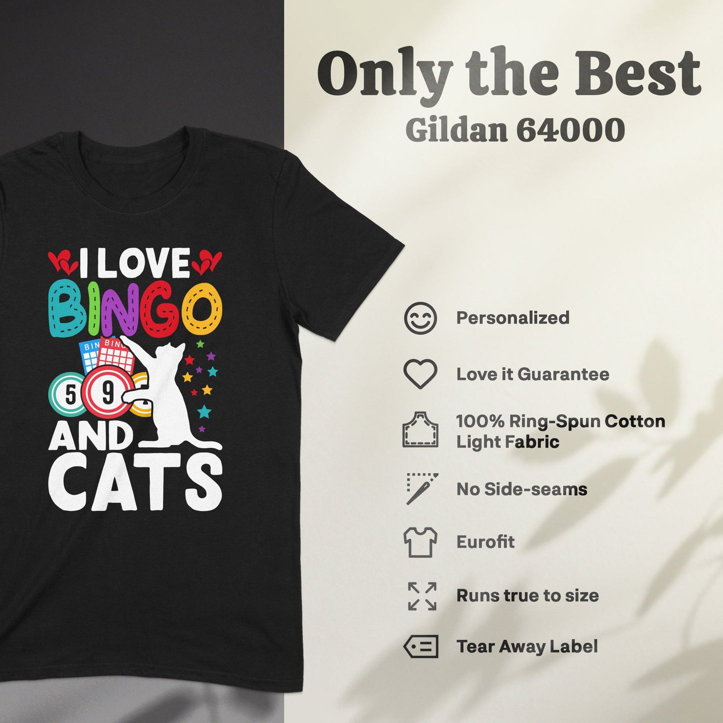 Black t-shirt with "I LOVE BINGO AND CATS" graphic, Gildan 64000 features.