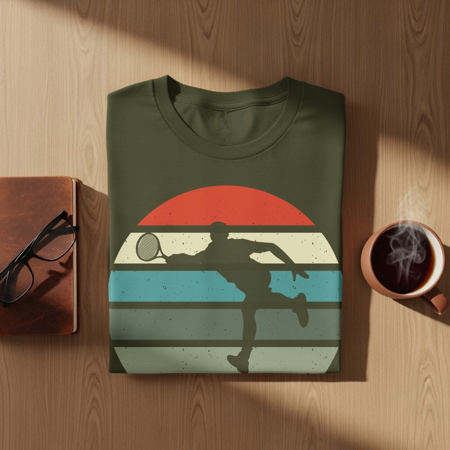 Olive green t-shirt with graphic of tennis player against striped sunset.