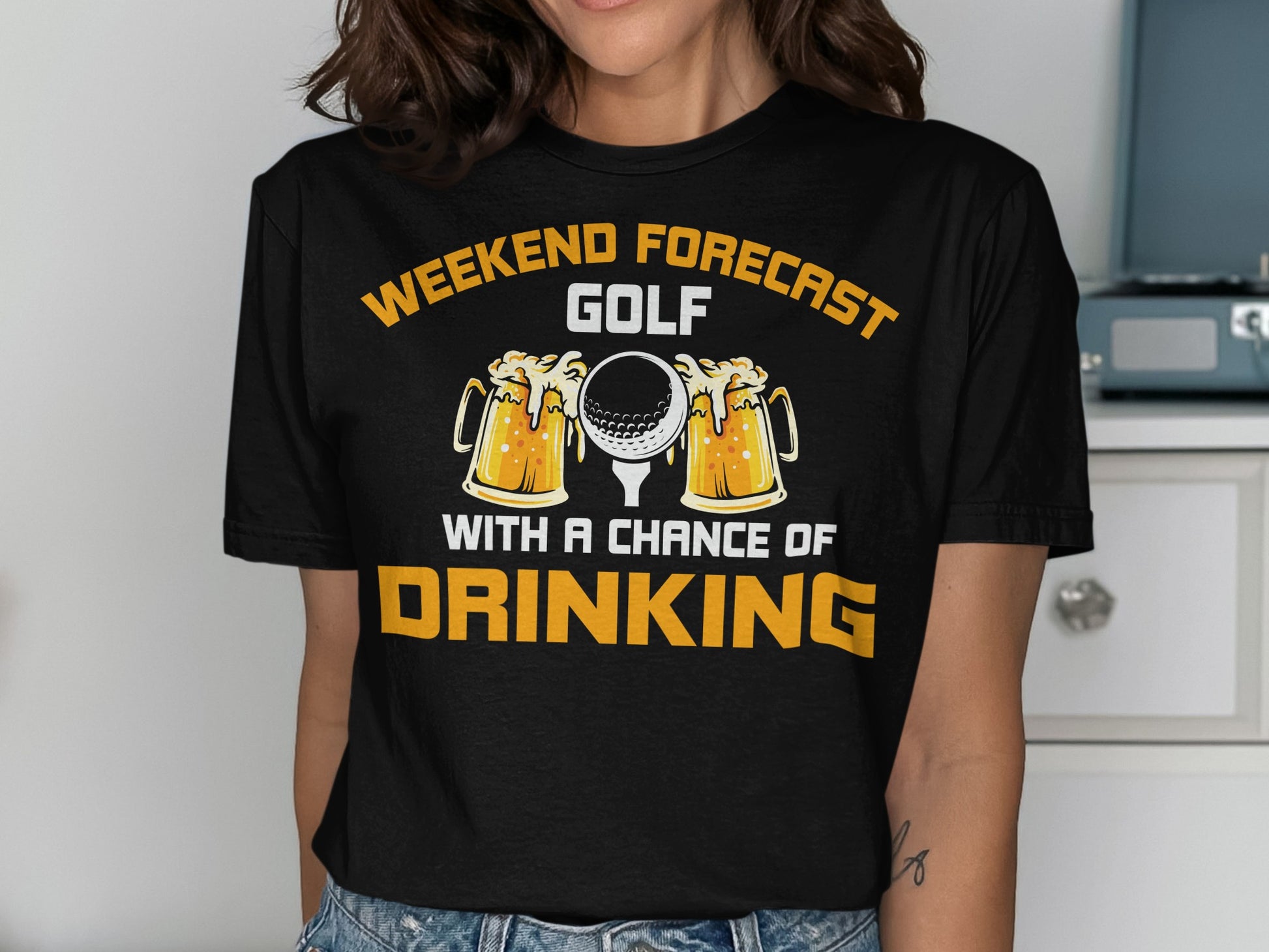 Black t-shirt with "Weekend Forecast Golf with a Chance of Drinking" and beer mugs.