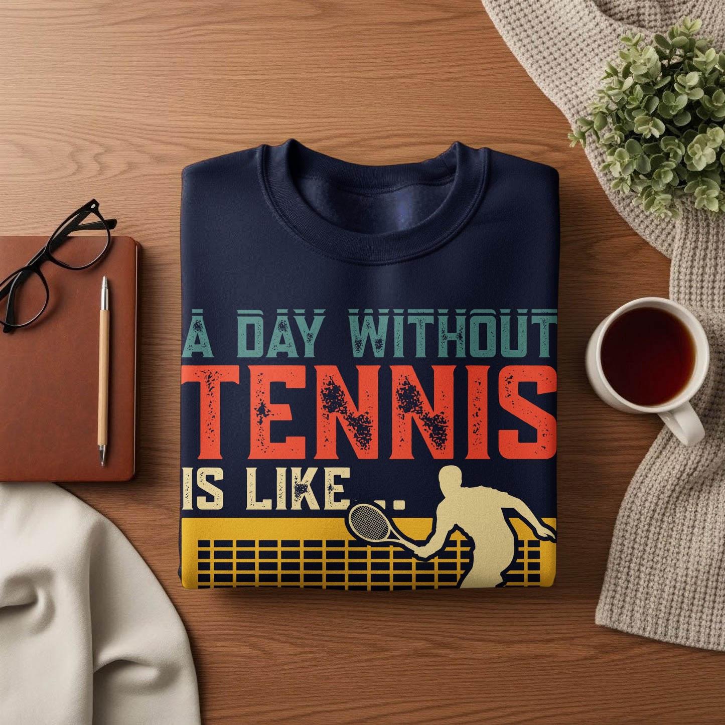 Navy sweatshirt with "A Day Without Tennis Is Like..." graphic and tennis player.