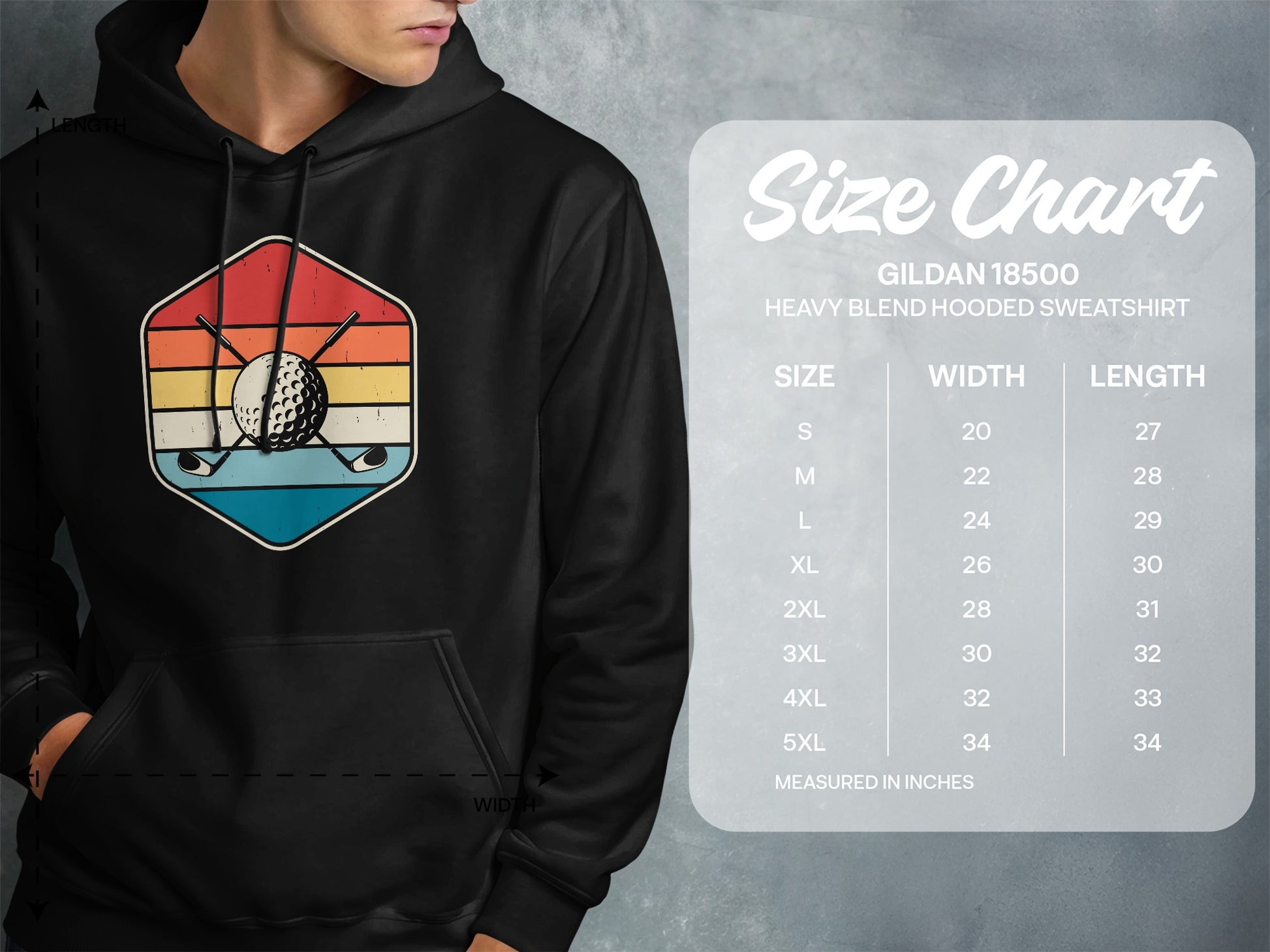 Gildan 18500 hooded sweatshirt size chart with measurements in inches.