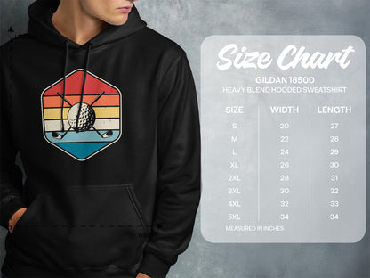 Gildan 18500 hooded sweatshirt size chart with measurements in inches.