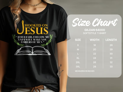 T-shirt with "Hooked on Jesus" text and open book graphic, includes size chart.