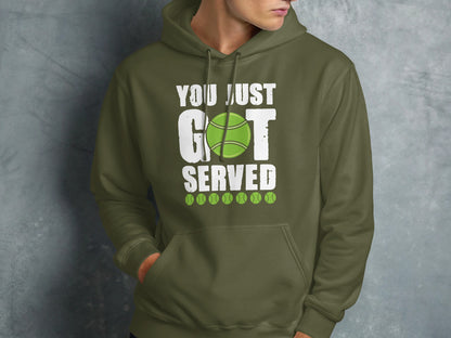 Olive green hoodie with "You Just Got Served" text and tennis balls graphic.