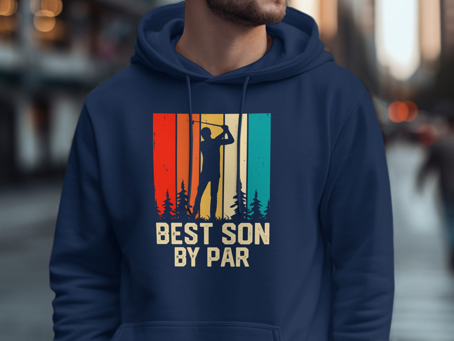 Navy blue hoodie with "BEST SON BY PAR" text and golfer silhouette graphic.