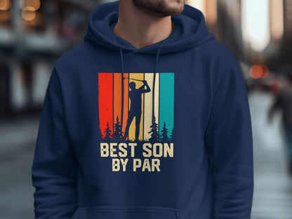 Navy blue hoodie with "BEST SON BY PAR" text and golfer silhouette graphic.