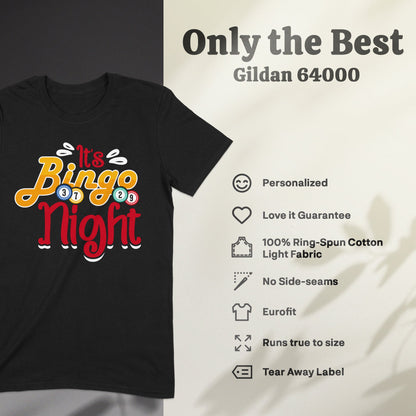 Black t-shirt with "Bingo Night" design and Gildan 64000 product details.