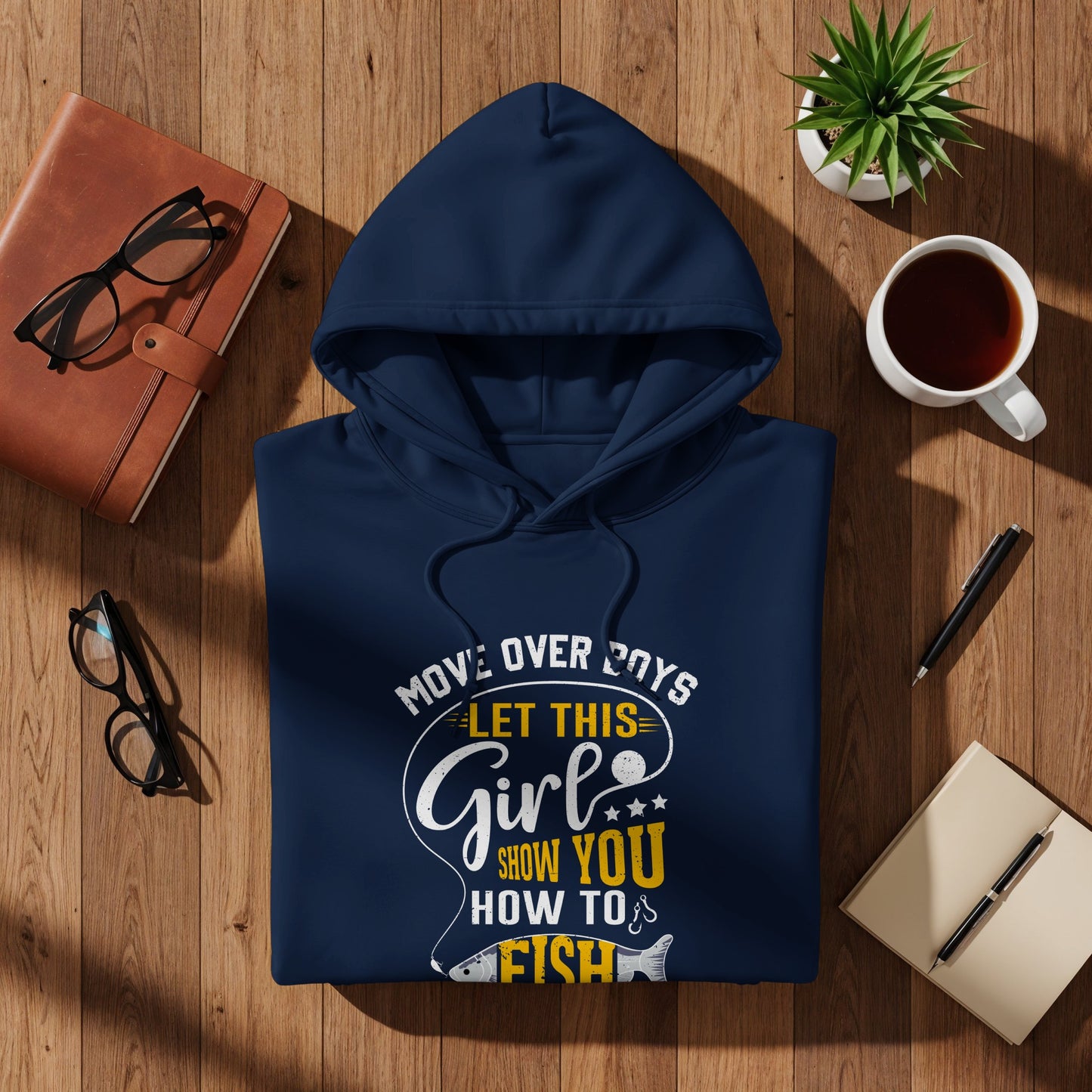 Navy hoodie with "Girl, let this show you how to fish" graphic.