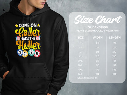 Black hoodie with "Come On Caller Make the Holler" text and bingo balls.