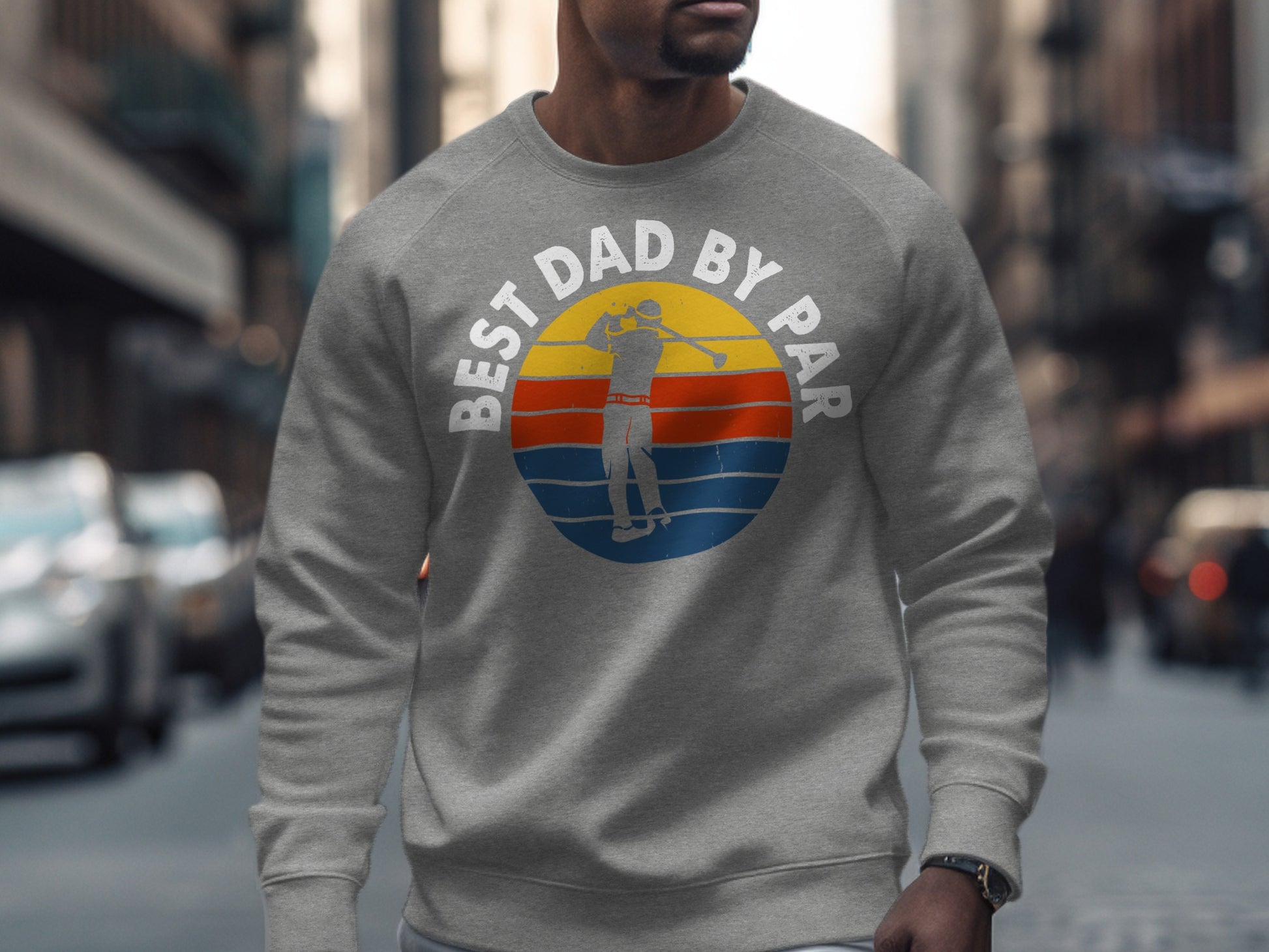 Grey sweatshirt with "Best Dad By Par" golf graphic.