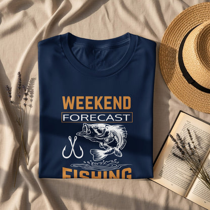 Navy t-shirt with "Weekend Forecast Fishing" text and a fish graphic.