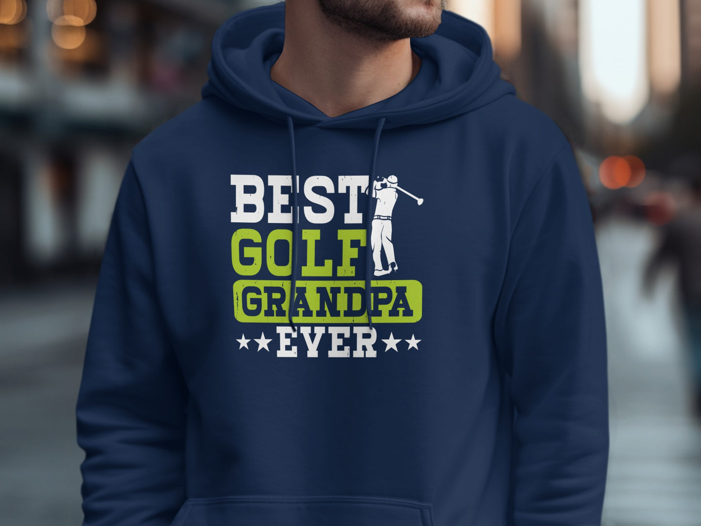 Navy hoodie with "BEST GOLF GRANDPA EVER" text and golfer graphic.