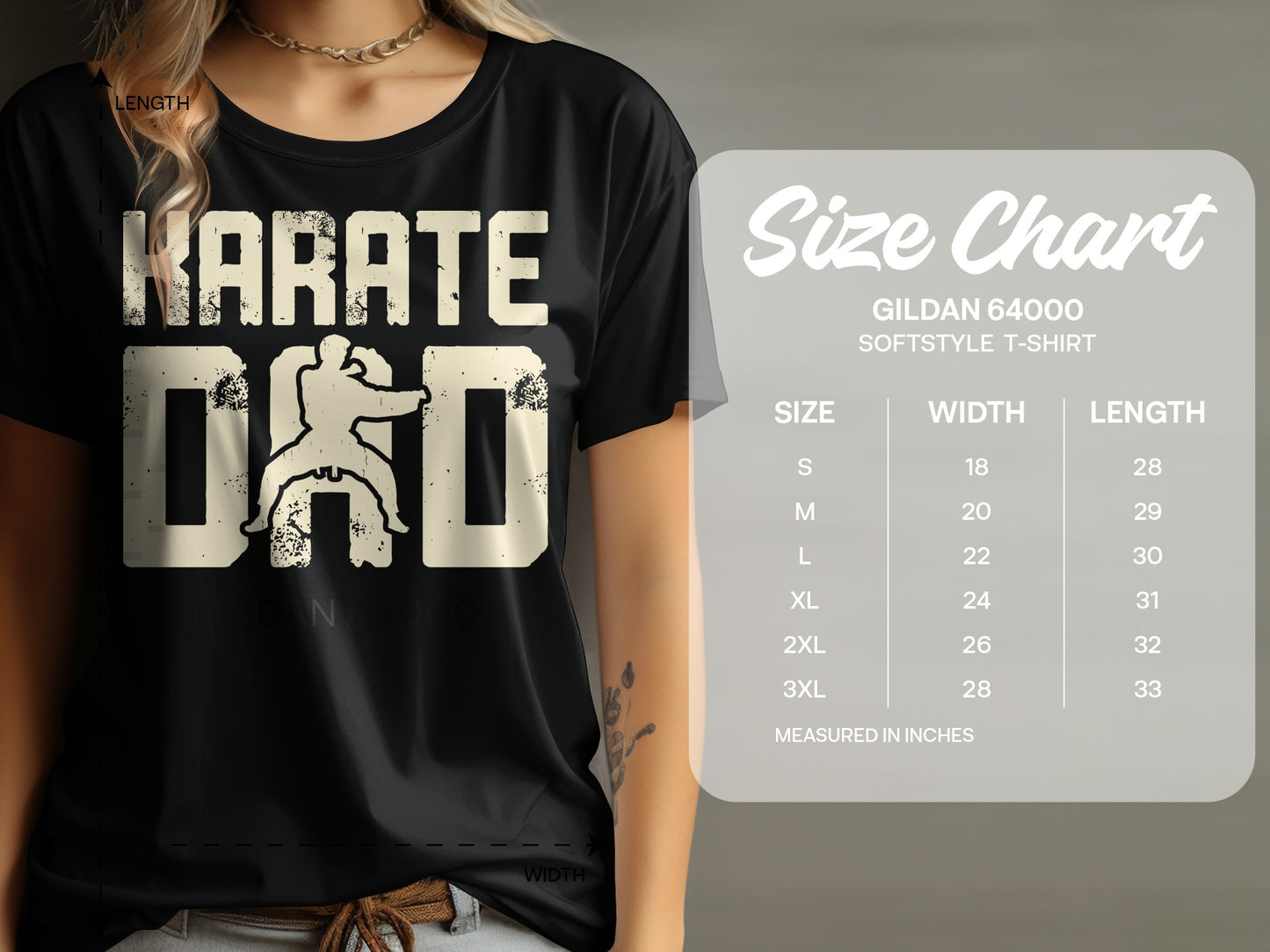 Black t-shirt with "Karate Dad" graphic and size chart.