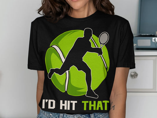 Black t-shirt with graphic of a tennis player serving on a large tennis ball.