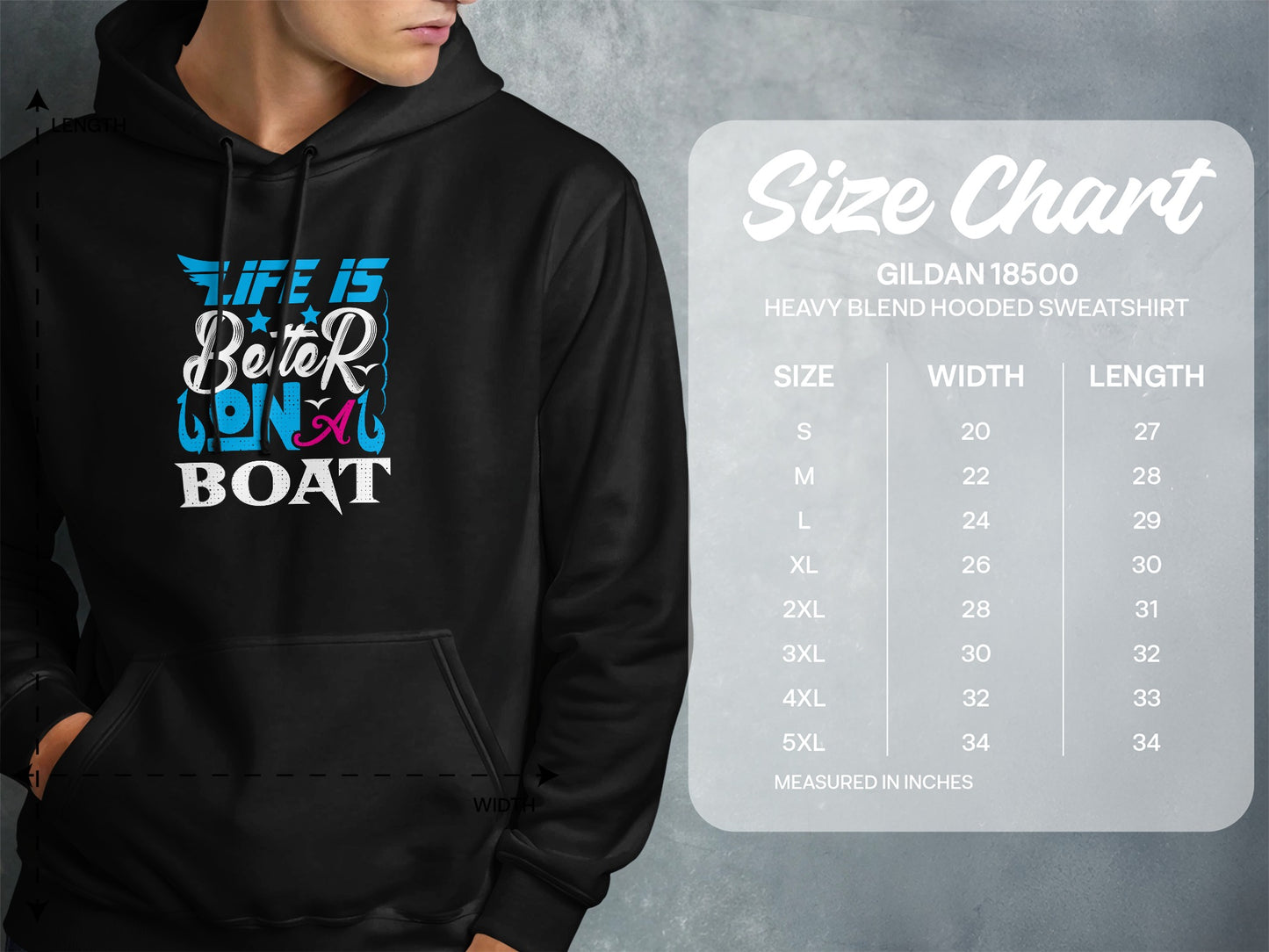 Hooded sweatshirt size chart showing measurements for Gildan 18500 hooded sweatshirt.