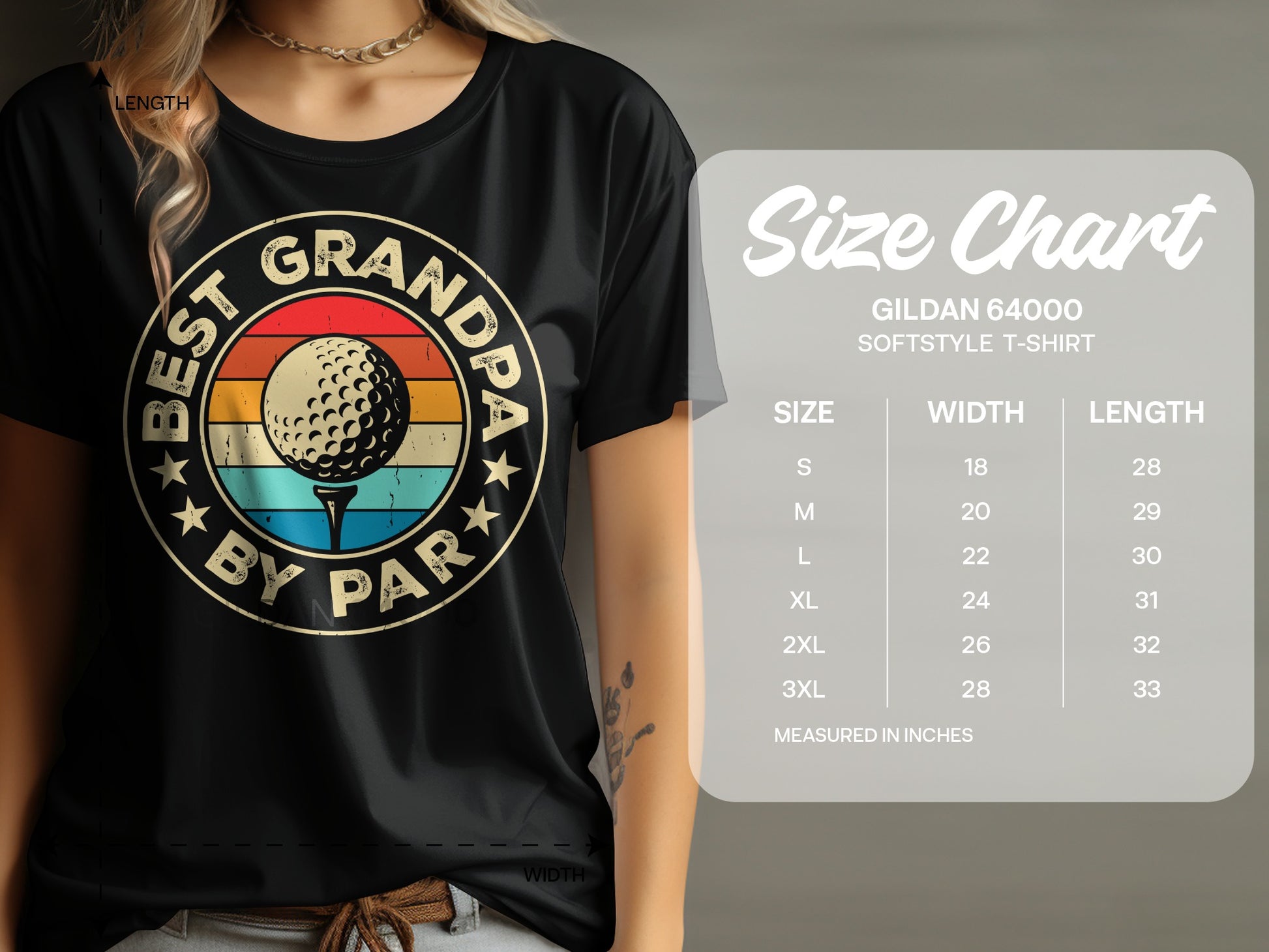 Black t-shirt with "Best Grandpa by Par" text and golf ball graphic.
