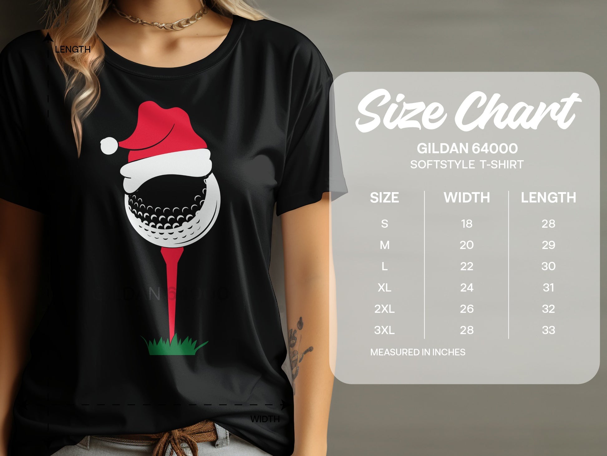 Black t-shirt with Christmas golf ball graphic and Gildan size chart.