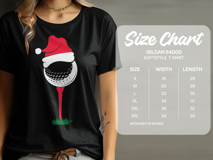 Black t-shirt with Christmas golf ball graphic and Gildan size chart.