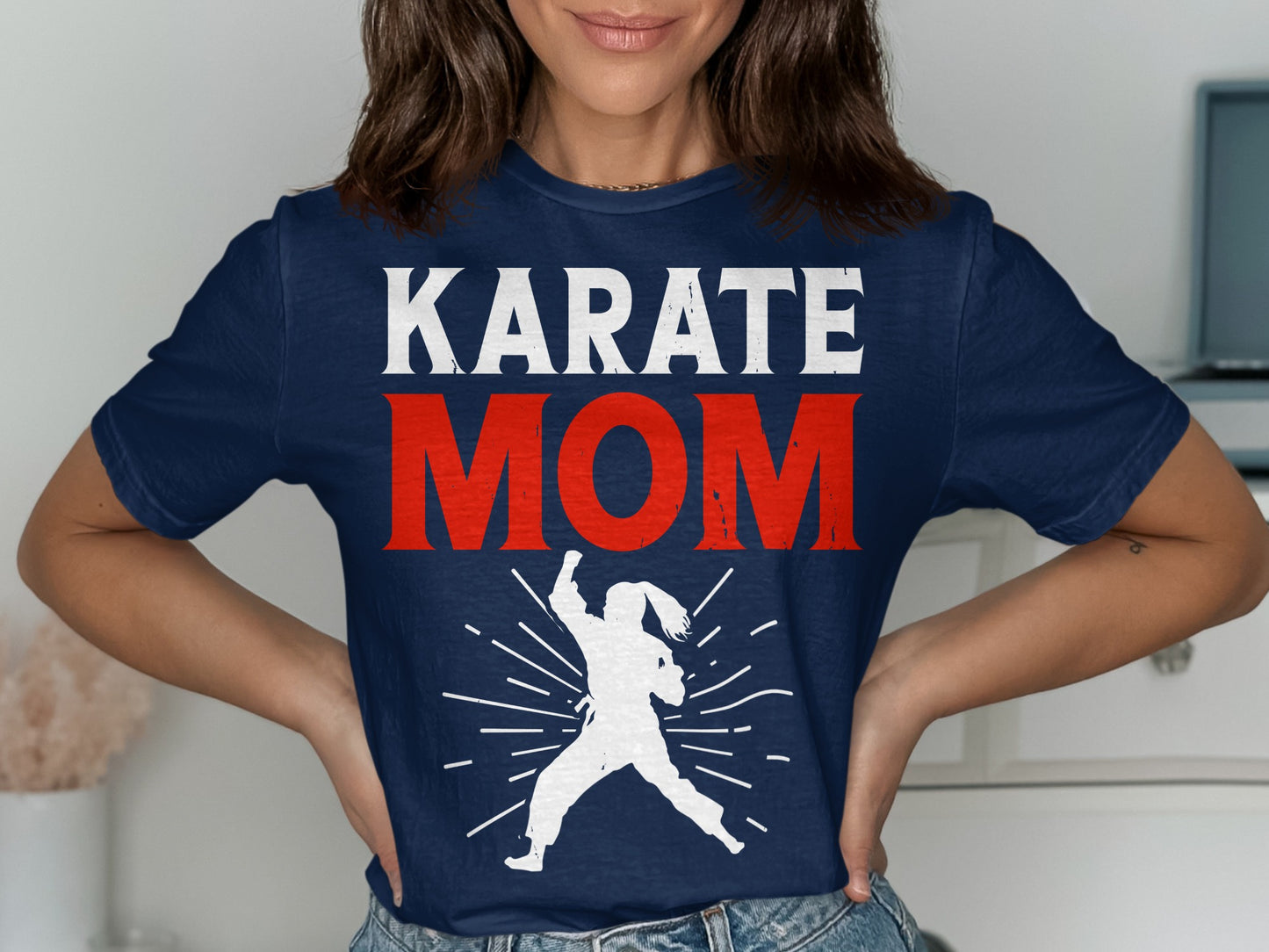 Navy t-shirt with white and red "KARATE MOM" text and a karate silhouette.