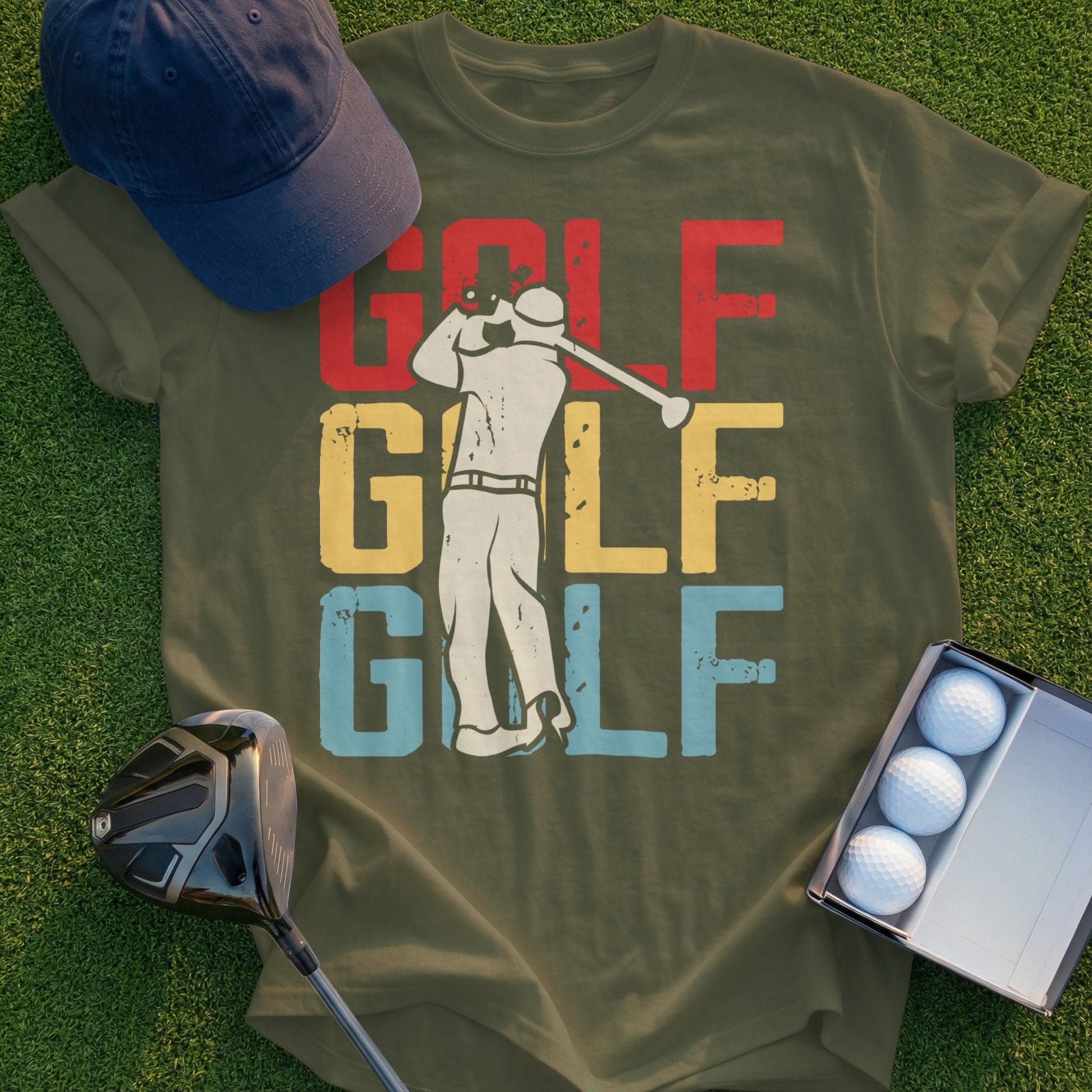 Olive green t-shirt with "GOLF" in bold red, yellow, and blue letters.