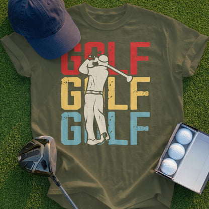 Olive green t-shirt with "GOLF" in bold red, yellow, and blue letters.