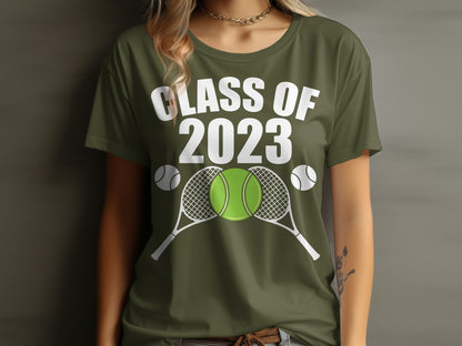 Green t-shirt with "Class of 2023" and tennis rackets and balls.