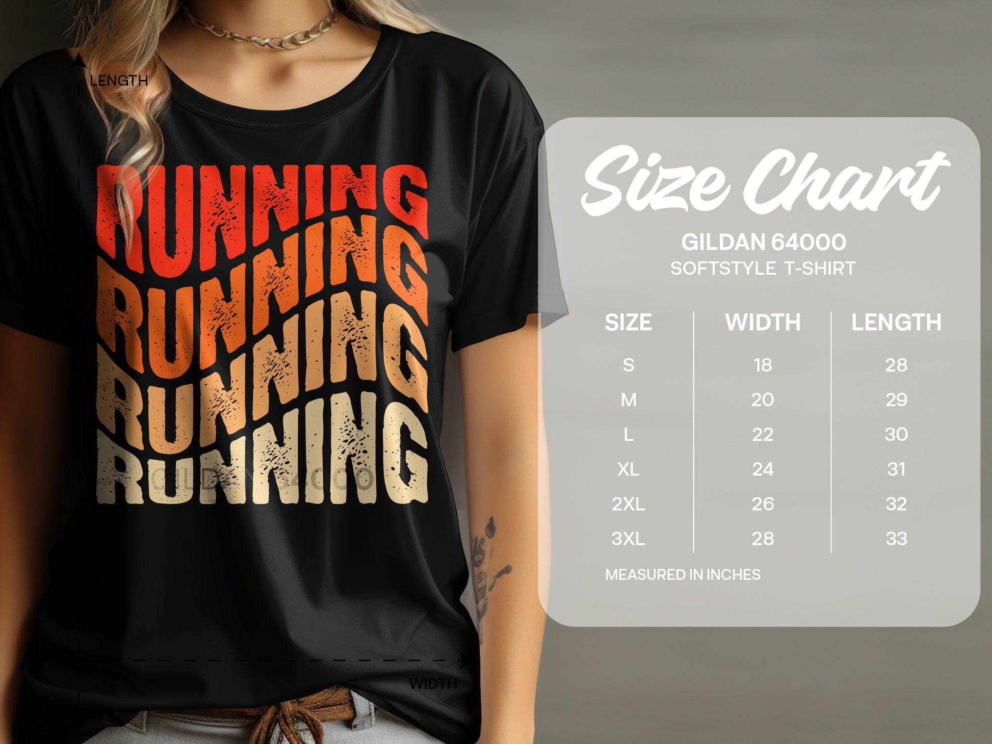 Black t-shirt with "RUNNING" text and a size chart.