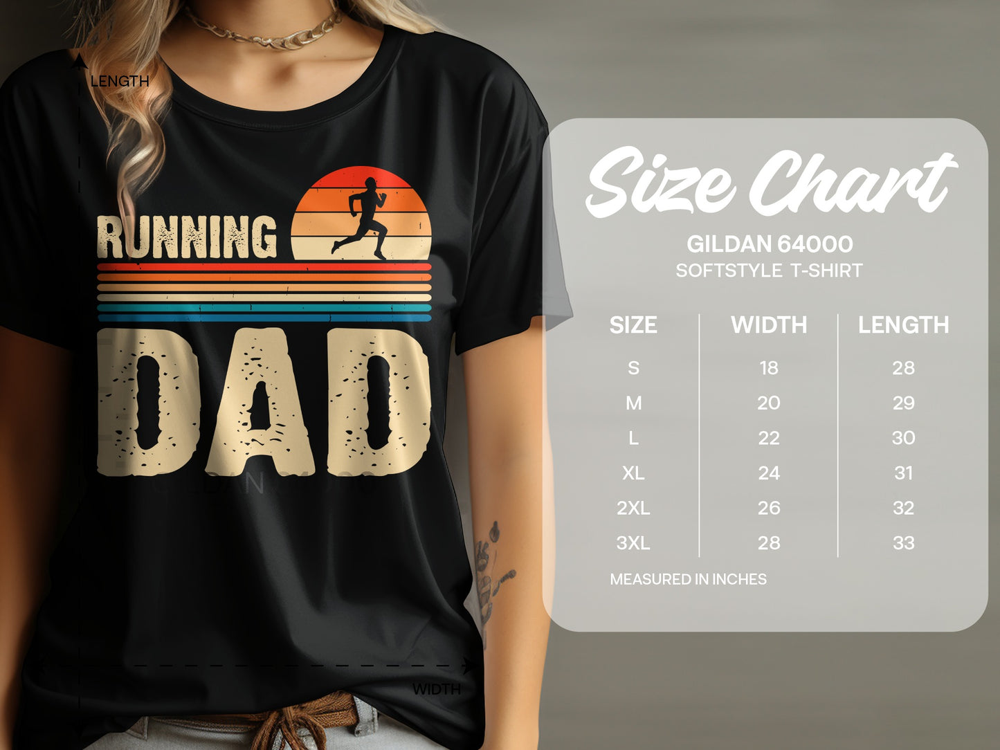 Black t-shirt with "Running Dad" graphic and a size chart.