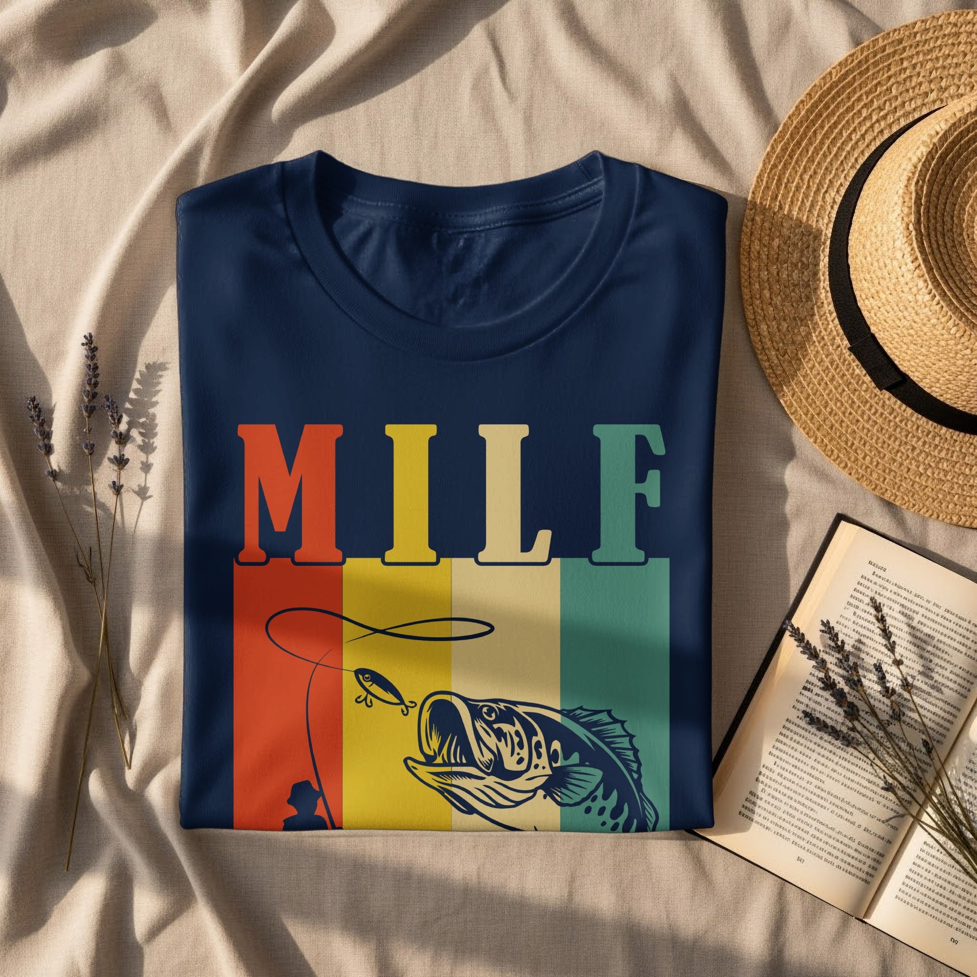 Navy t-shirt with "MILF" text and fishing graphic.