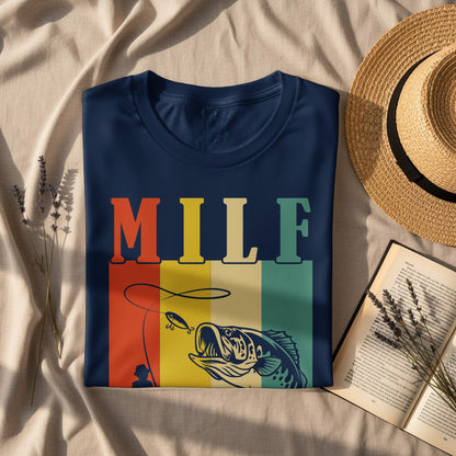 Navy t-shirt with "MILF" text and fishing graphic.