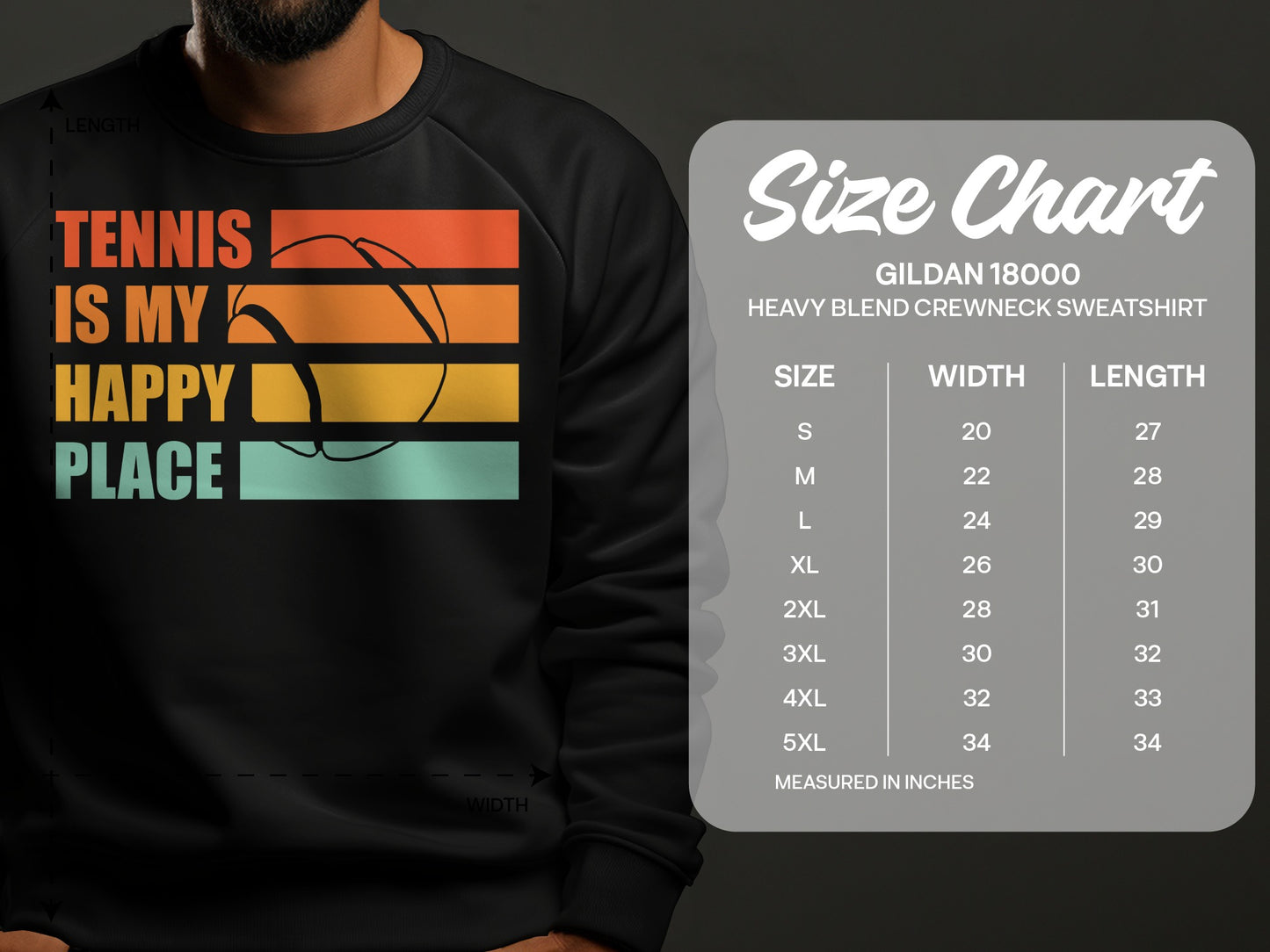 Tennis is my happy place graphic on sweatshirt with size chart.