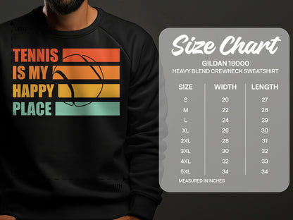 Tennis is my happy place graphic on sweatshirt with size chart.