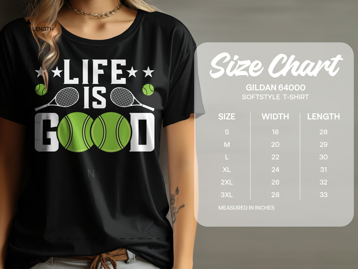 Black t-shirt with "LIFE IS GOOD" text and tennis balls graphic; includes size chart.