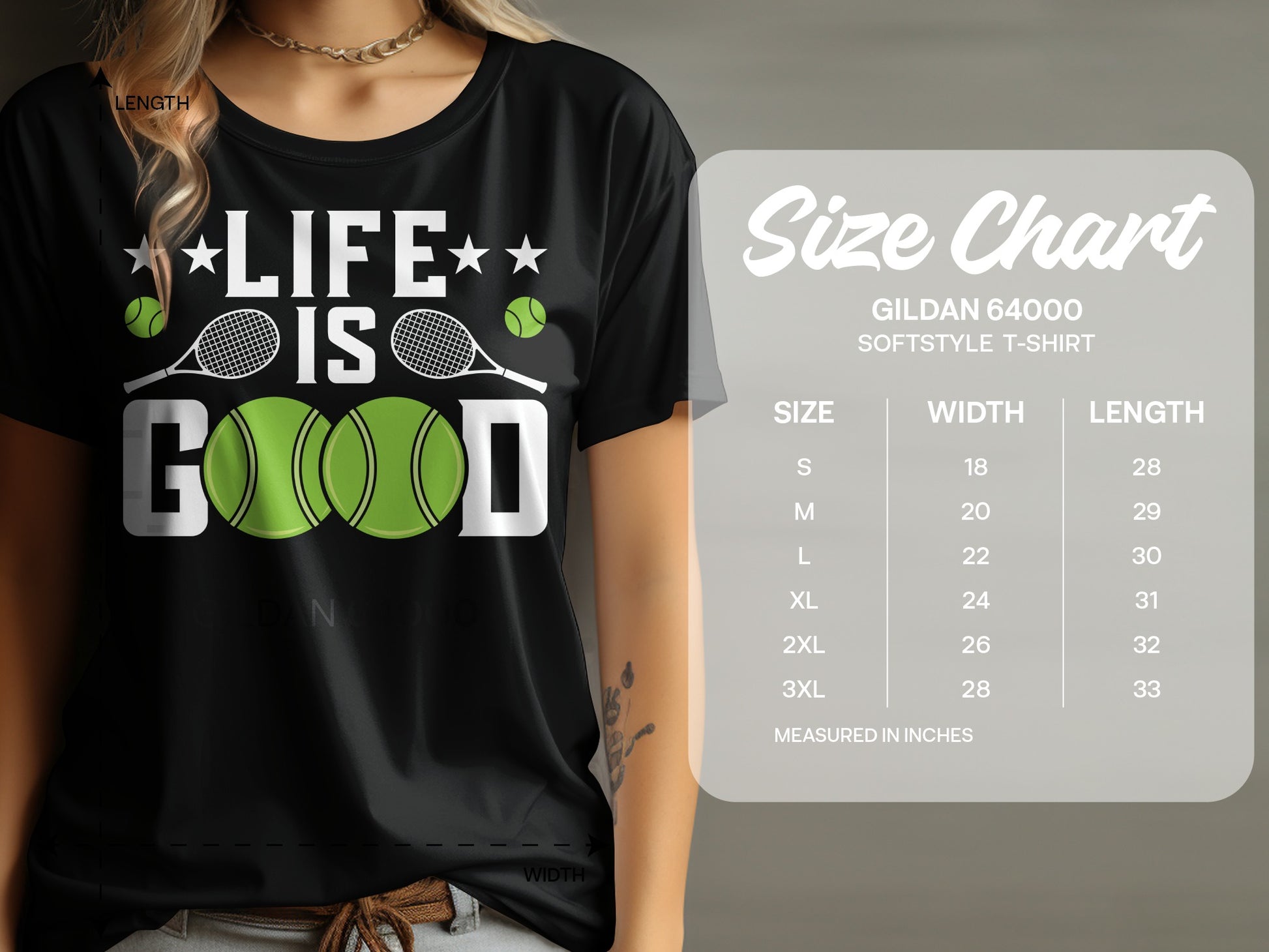 Black t-shirt with "LIFE IS GOOD" text and tennis balls graphic; includes size chart.