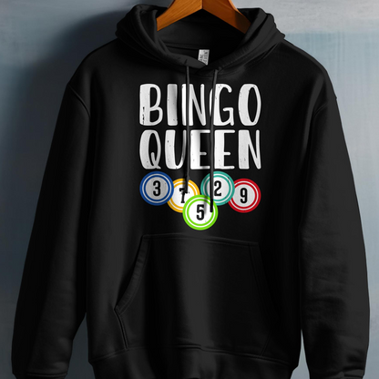 Black hoodie with "Bingo Queen" text and colorful bingo balls.