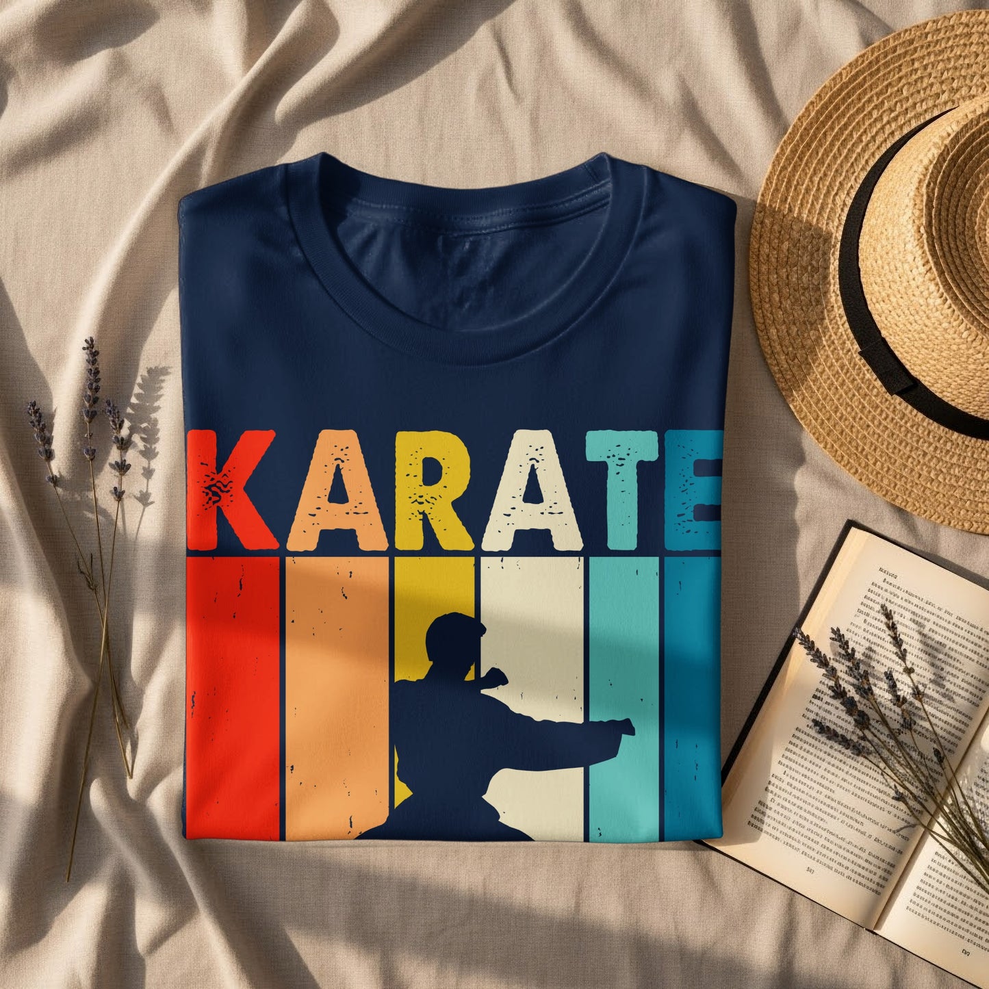 Navy t-shirt with "KARATE" text and silhouetted martial artist.