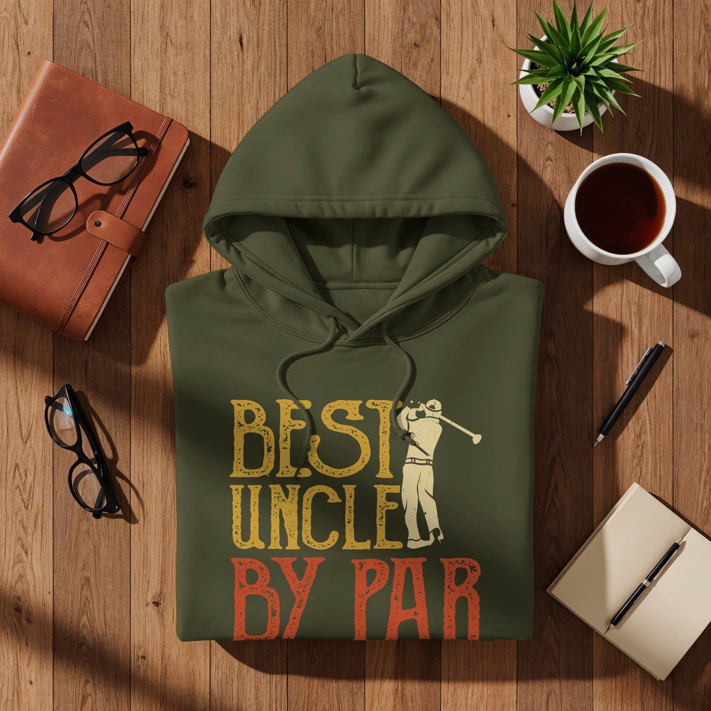 Olive green hoodie with "BEST UNCLE BY PAR" text and a golfer illustration.