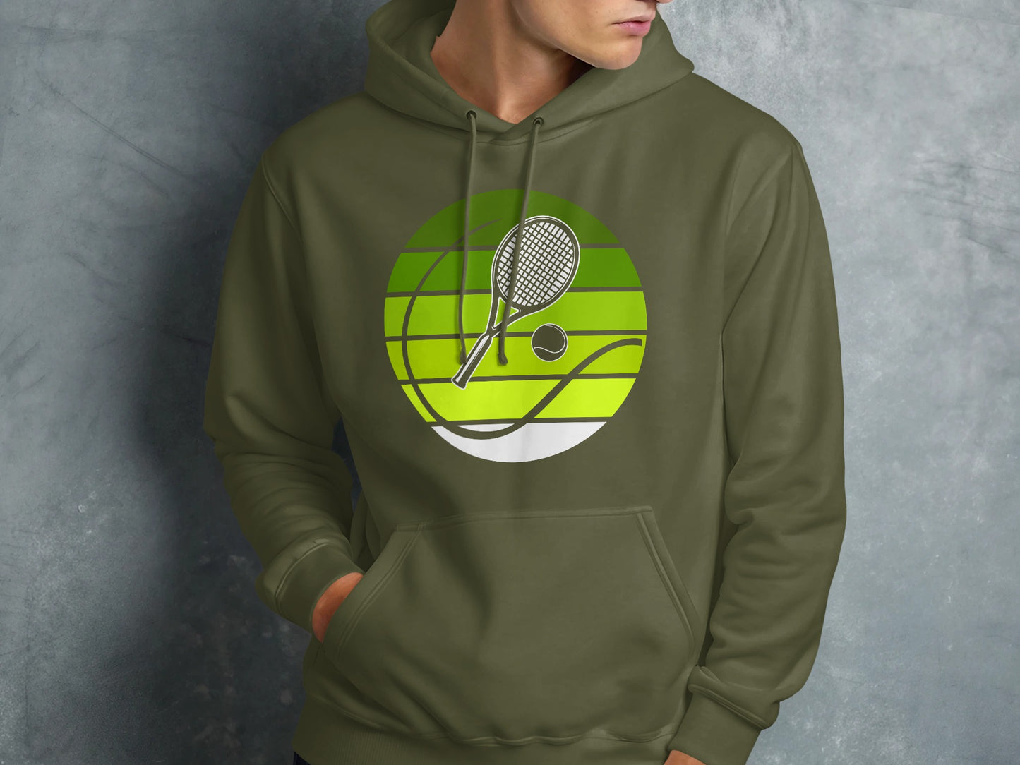 Green hoodie with a circular tennis graphic featuring a racket and ball.