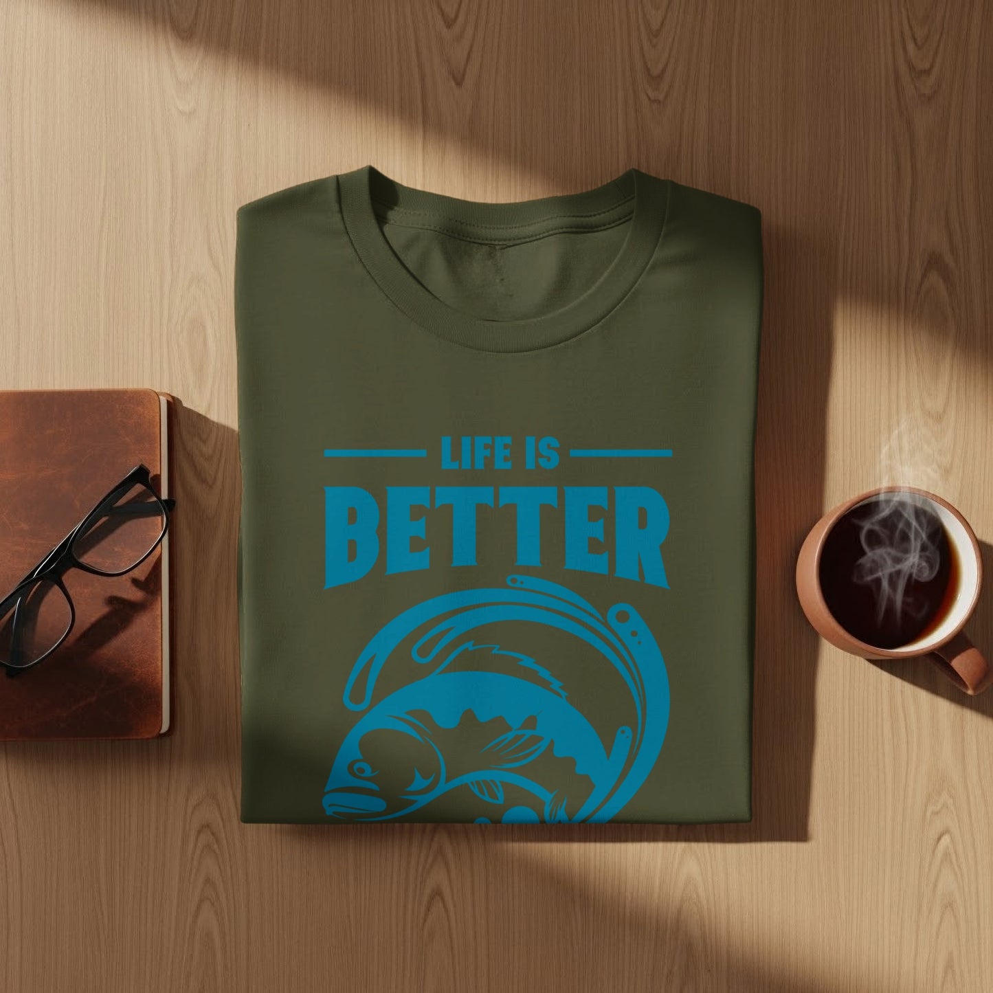 Olive green t-shirt with "LIFE IS BETTER" and a jumping fish graphic.