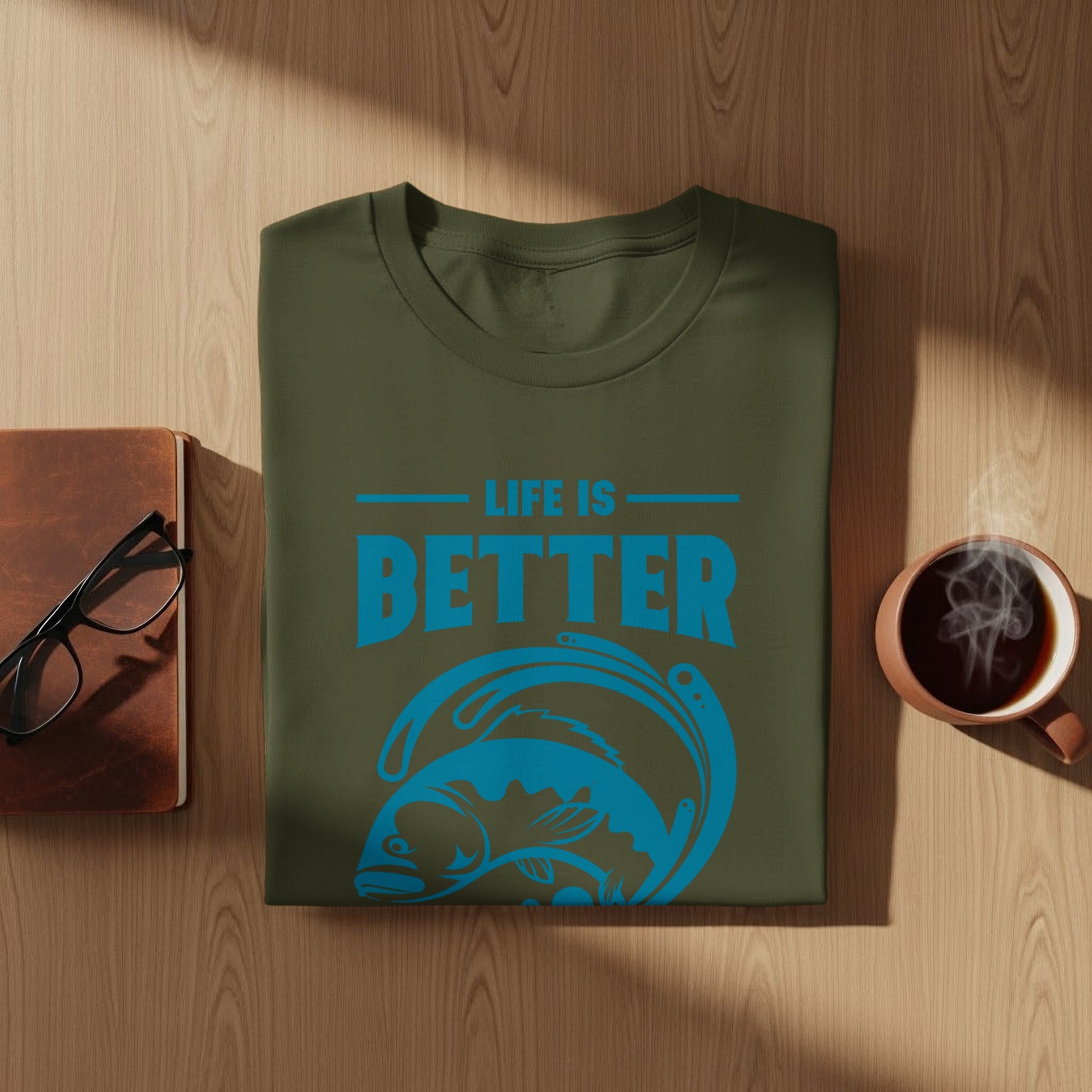 Olive green t-shirt with "LIFE IS BETTER" and a jumping fish graphic.