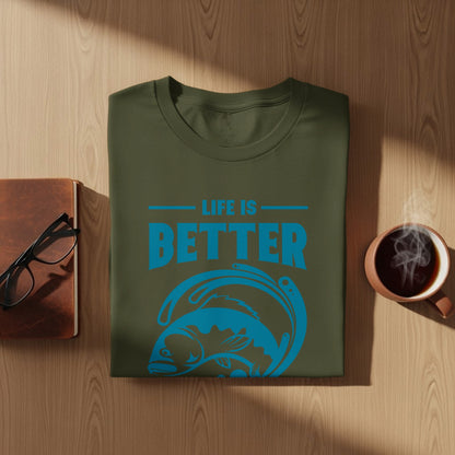 Olive green t-shirt with "LIFE IS BETTER" and a jumping fish graphic.