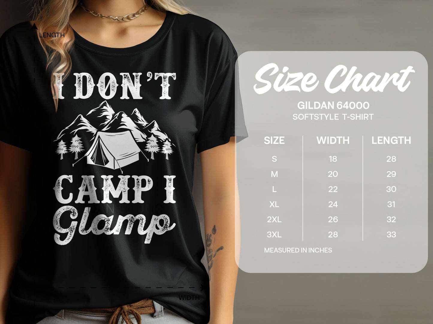 Black t-shirt with "I DON'T CAMP I Glamp" graphic and size chart.