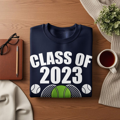 Navy sweatshirt with "CLASS OF 2023" and tennis graphics.