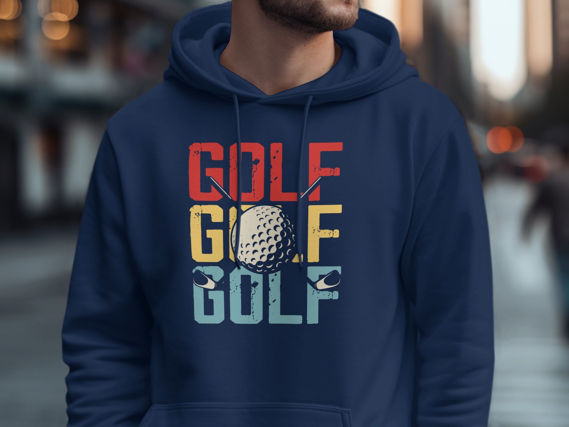 Navy hoodie with "GOLF GOLF GOLF" text and golf ball.
