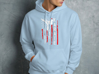 Light blue hoodie with distressed American flag and "KARATE" text.
