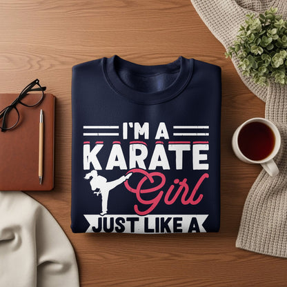 Dark blue sweatshirt with "I'm a Karate Girl Just Like A" text and martial arts graphic.