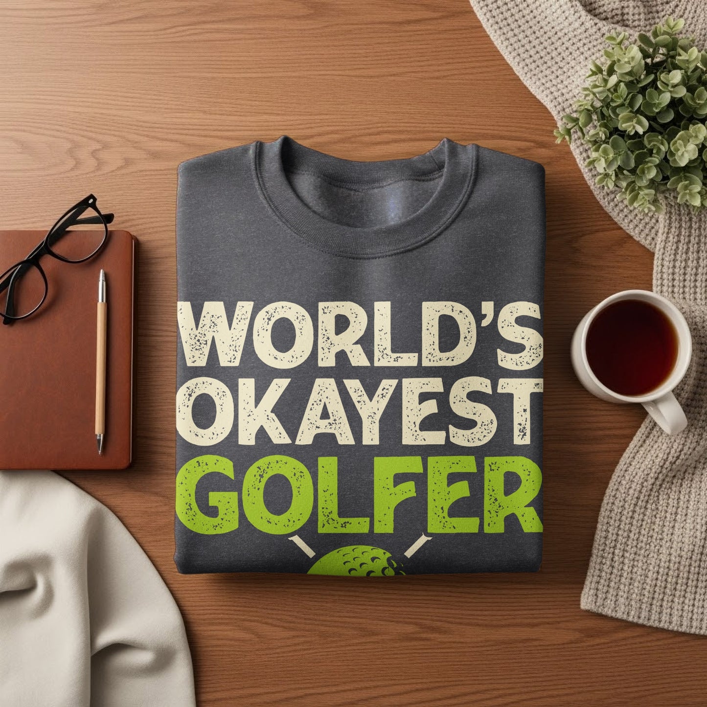 Dark grey sweatshirt with "WORLD'S OKAYEST GOLFER" text in white and green.