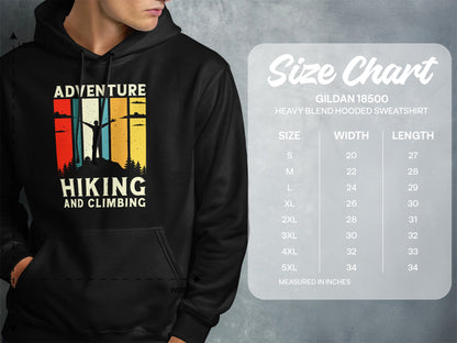 Gildan 18500 size chart for a hooded sweatshirt, featuring "Adventure Hiking and Climbing" graphic.